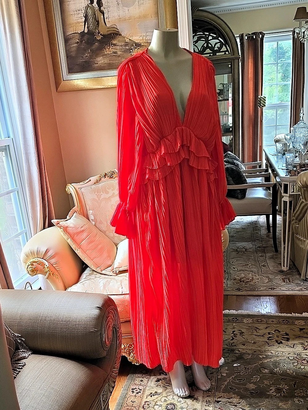 Orange Pleated Maxi Dress New.